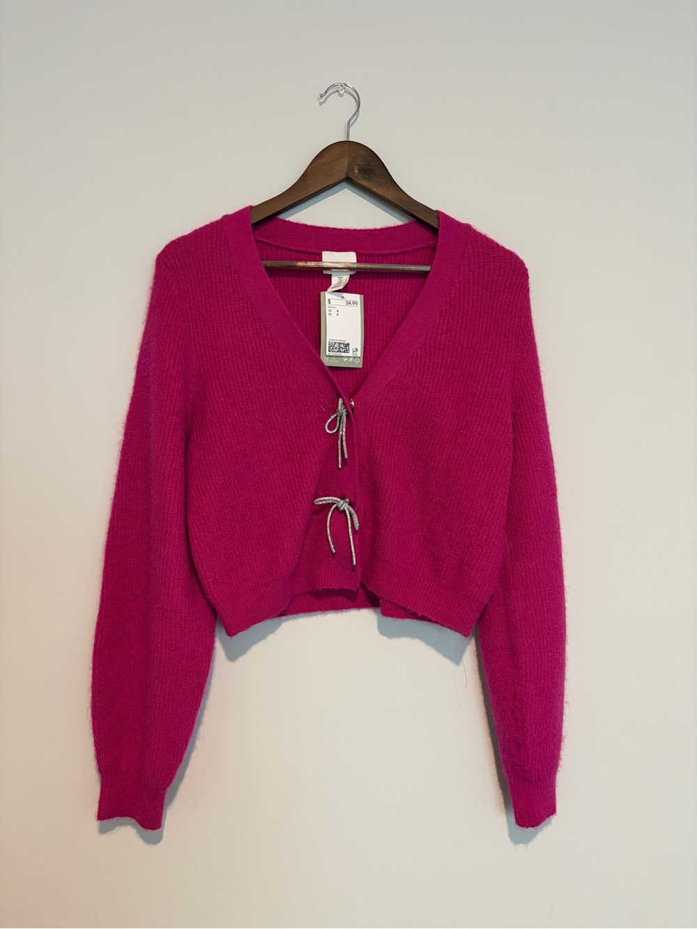 H&M NWT Hot Pink Rhinestone Bow Cardigan S Coquette Balletcore Sparkle